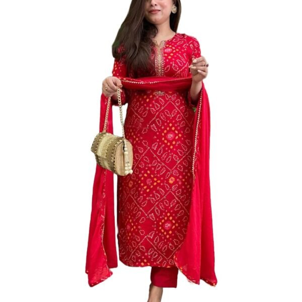 GoSriKi Viscose Printed Straight Kurta with Pant and Dupatta for Women | Viscose Wine | 3/4 Sleeve | Round Neck V-Slit | Ethnic Wear Casual Wear
