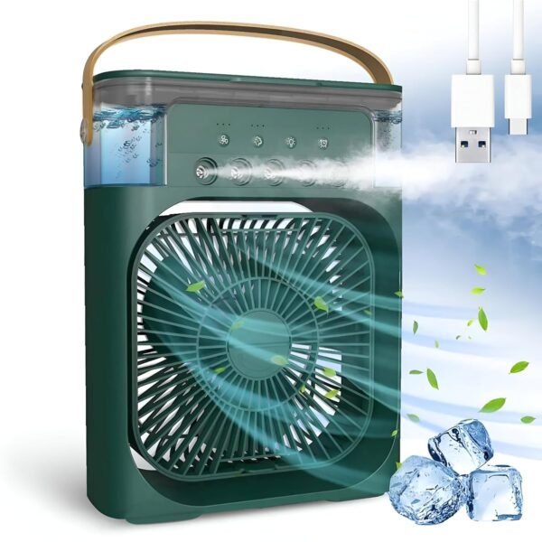 HACER 10W Mini Air Cooler with 1/2/3 H Timer 3 Wind Speed 7 Colors LED Type C USB Interface 3 Mist Spray Mode Portable 2A Personal Conditioner Fan Artic Cooling for Home Office (1Pc, Random)