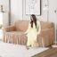HOKIPO 280 GSM Elastic Stretchable Bubble Sofa Frill Cover for 3 Seater, Beige (AR-4604-B1)