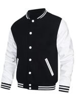 HOOD CREW Mens Varsity Jackets Faux Leather Sleeve Letterman Boys College Baseball Jacket, Black, Medium