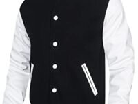 HOOD CREW Mens Varsity Jackets Faux Leather Sleeve Letterman Boys College Baseball Jacket, Black, Medium