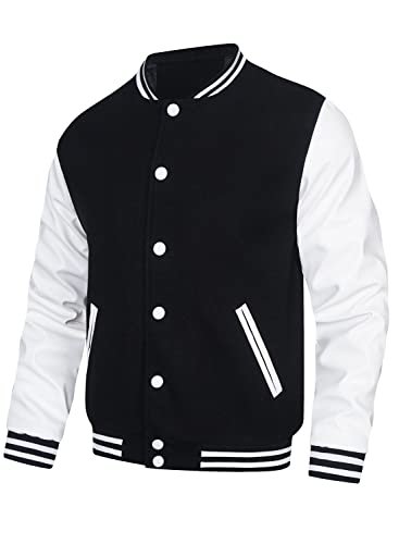 HOOD CREW Mens Varsity Jackets Faux Leather Sleeve Letterman Boys College Baseball Jacket, Black, Medium