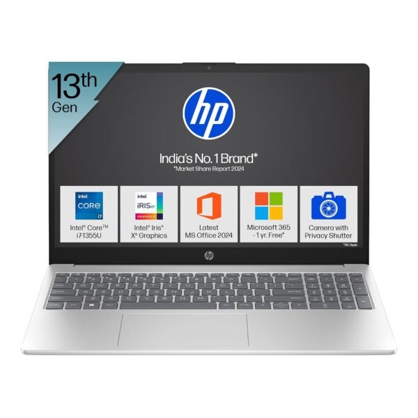 HP 15, 13th Gen Intel Core i7-1355U Laptop (16GB DDR4, 512GB SSD) Anti-Glare,Micro-Edge,15.6''/39.6cm, FHD, Win11, M365 Basic(1yr),Office Home24, Silver,1.59kg, Iris Xe, FHD Camera w/Shutter, fd0514TU