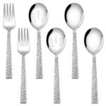 Hammered Serving Utensils Set of 6, E-far Stainless Steel 8.7 Inch Square Hostess Serving Set, Metal Serving Spoon Slotted Spoons Forks for Party Buffet Catering, Mirror Finished & Dishwasher Safe