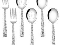 Hammered Serving Utensils Set of 6, E-far Stainless Steel 8.7 Inch Square Hostess Serving Set, Metal Serving Spoon Slotted Spoons Forks for Party Buffet Catering, Mirror Finished & Dishwasher Safe