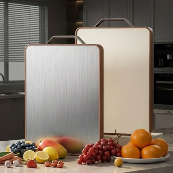 Herrlich Homes Stainless Steel Chopping Board for Kitchen | 38 x 28 cm Large Dual Side Cutting Board with Handle | Anti-Skid Heavy Duty Reversible Board for Vegetables, Meat, Fruits, Chapati Kneading