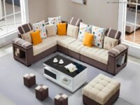 Homeify Carlo Wooden 9 Seater L-Shaped Sectional Sofa with Ottoman for Living Room(Premium Velvet,Right Side,Beige)