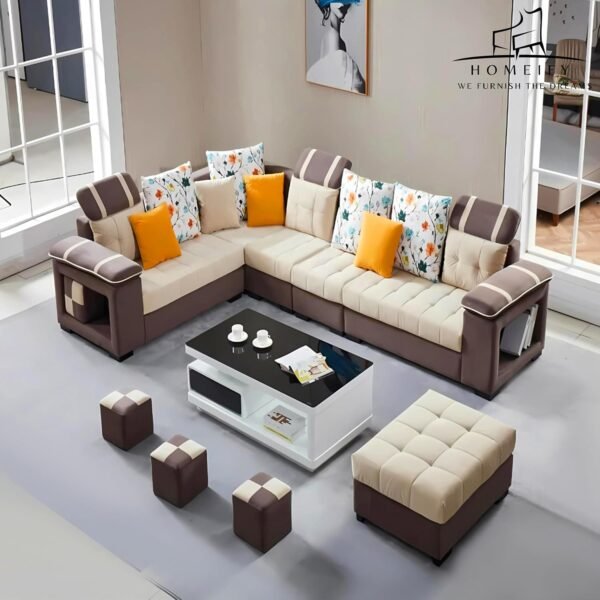 Homeify Carlo Wooden 9 Seater L-Shaped Sectional Sofa with Ottoman for Living Room(Premium Velvet,Right Side,Beige)