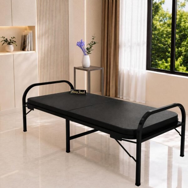 Honey Touch Atlas Folding Bed Single with Double Layer Mattress | No Assembly Required | Foldable Bed for Sleeping/Guests/Rented Apartments/Bedroom (3ft x 6ft, Black)