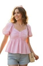 KARMA APPAREL Women’s Stylish Puff Sleeve Ruched Bow Front Top | Trendy Casual Summer Wear for Girls | Soft Lightweight Western Top for Daily & Vacation Outfit