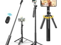 KINGONE Long Selfie Stick with Tripod Stand Aluminum 71inch/180cm, 360° Degree Rotation Selfie Stick Tripod for Phone, Rechargeable Remote & LED Fill Light, 1/4" Screw for Camera Gopro for Vlogging