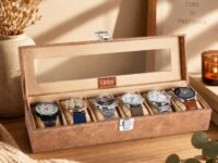 LEDO Luxury Watch Box Organizer, 6 Slot Display Case with Transparent Transparent Top, Cream PU Leather Exterior, Soft Cushioned Interior, Perfect for Storage and Gifting