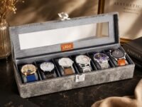 LEDO Luxury Watch Box Organizer Case with 6 Slots, PU Leather, Gray, Transparent Display, Soft Cushion Interior, Metal Clasp Lock, Perfect for Men and Women