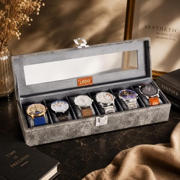 LEDO Luxury Watch Box Organizer Case with 6 Slots, PU Leather, Gray, Transparent Display, Soft Cushion Interior, Metal Clasp Lock, Perfect for Men and Women