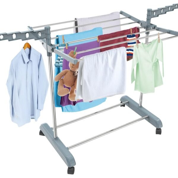 LiMETRO STEEL Single Pole Cloth Drying Stand Foldable and Portable with Wheels and 360 Rotating Hangers