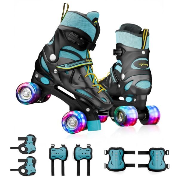 Lifelong Kids Adjustable Skating Shoes with LED Lights – Inline Roller Skating with Adjustable Size, Playful Lighting with Safety Pads, 1 Pair of Skates, Durable Frame – Black, L (24.5-27 cm)