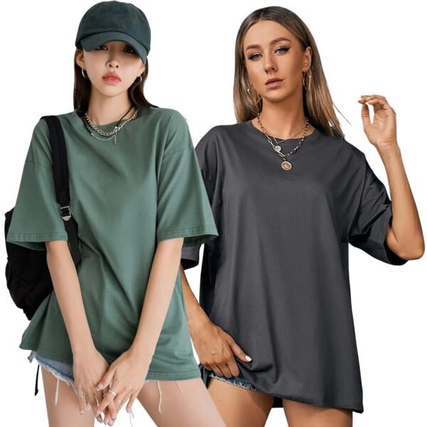 London Hills Women's Cotton Loose Casual Round Neck Solid, Drop Shoulder T-Shirt Pack of 2