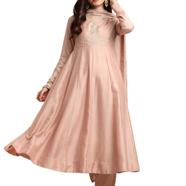 MOKOSH Women’s Silk Embroidery Anakrali Kurta Pant with Dupatta | Anarkali Kurta Set | Round Neck Full Sleeve Ethnic Suit | Floral Kurta 7 Colour Option Available | 3 Piece Outfit