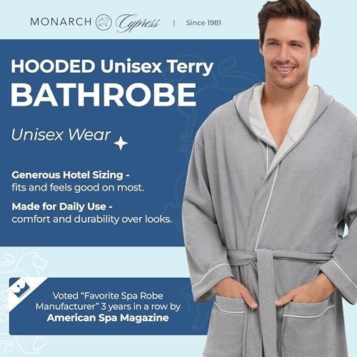 MONARCH Hooded Unisex Terry Bathrobe - 100% Lux Combed Cotton 16 oz. Loop Terry Robe, Five-Star Hotel Choice, Grey Sweatshirt Robe, XX-Large
