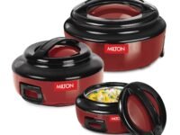 Milton Ernesto Inner Stainless Steel Jr. Casserole Set of 3 (390ml, 720 ml, 1320 ml), Red | Easy to Carry | Serving | Stackable
