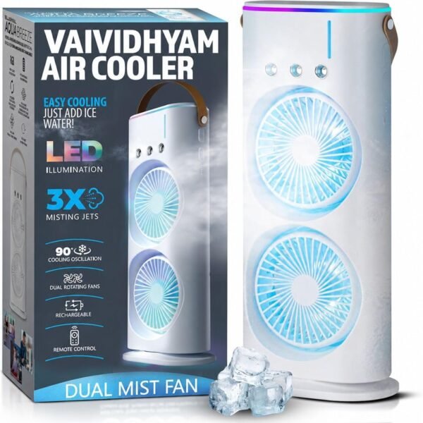 Mini Cooler Double Ended Spray Fan, Cold Air, 2026 New 3 Gears USB Rechargeable Oscillating one with LED Light Cooler, Tower Air Coolers & Remote Control,Water Tank,Bedroom, Living Room Q39
