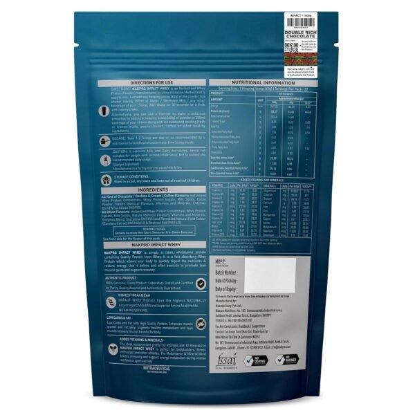 NAKPRO NUTRITION Impact Whey Protein Isolate & Concentrate | 1 kg | 24g Protein | Double Rich Chocolate | Trustified Certified | Added Digestive Enzymes, Vitamins & Minerals