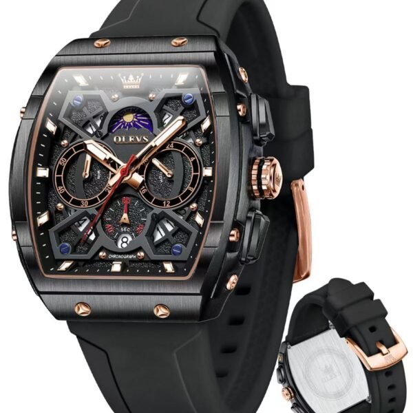 OLEVS Mens Watches Original Chronograph Analog Quartz Watch Multifunction Waterproof Calendar Silicon Strap Fashion Square Watch for Man