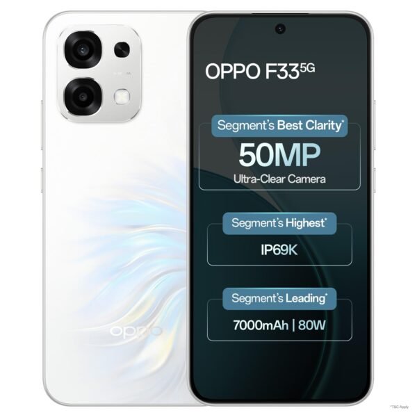 Oppo F33 5G Smartphone (8GB RAM, 256GB Storage, Pearl White) |50MP AI Camera |7000mAh Long Battery |45W Fast Charging-with No Cost EMI/Bank Offers
