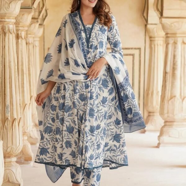 PARTHVI Women's Printed Anarkali Kurta With Palazzo & Dupatta Set
