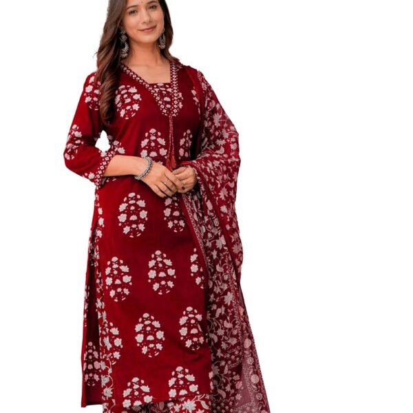 PARTHVI Women's Pure Cotton Printed Straight Kurta Set with Palazzo Pants & Dupatta- Ethnic Wear, Green