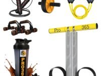 PRO365 Home Fitness Kit, 6-in-1 Exercise Equipment Set with Jump Rope, Ab Wheel, Resistance Bands, Push-Up Bars, Hand Gripper, Shaker Bottle
