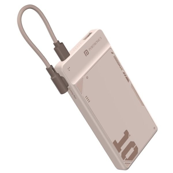 Portronics Luxcell Uno 10K 10000 mAh 22.5W Fast Charging Power Bank with Detachable Type C Cable, Ultra Slim Power Bank with Mach USB-A Output, Type C PD Output, Type C Input, Wake Up Button(Mocha)