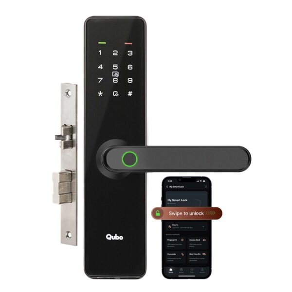 QUBO Smart Door Lock Essential from Hero Group | 7-Way Unlocking | Mobile App | Fingerprint | OTP Remote Unlocking | PIN | RFID Card | Mechanical Key | 2 Year Brand Warranty | (Black)