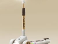 R for Rabbit Road Runner Blaze Foldable Kick Scooter for Kids with 4 Level Adjustable Height, PU LED Wheels, Lights and Music for 3+ Years Baby Boy & Girl of Upto 75kg Weight (Cream Gold)