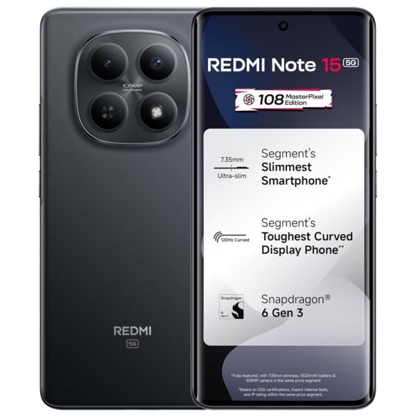 REDMI Note 15 5G (Black, 8GB RAM 128GB Storage) | 108MP OIS Camera | Snapdragon 6 Gen 3 | 17.2cm Tough Curved AMOLED Screen | 5520mAh Battery | 45W Fast Charging