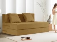 Rosebell 2-Person Jute Sofa Cum Bed – Golden | Compact & Lightweight | Removable Washable Cover + 2 Cushions | 4 x 6 Ft | Ideal for Home & Office Guests