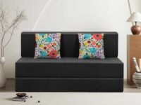 Rosebell Foldable 2 Seater Sofa Cum Bed, Sofa Bed 4X6 Feet, Jute Fabric- Washable Cover- Including Two Cushion Perfect for Home & Office - Black-Color