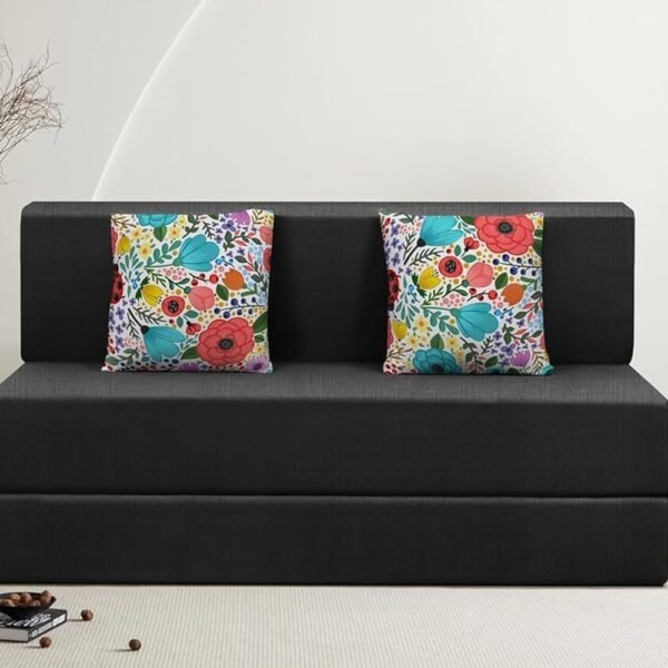 Rosebell Foldable 2 Seater Sofa Cum Bed, Sofa Bed 4X6 Feet, Jute Fabric- Washable Cover- Including Two Cushion Perfect for Home & Office - Black-Color