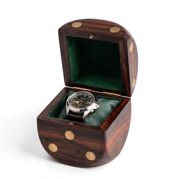 Royal Craft Expertise Handcrafted Solid Wood Dice-Shaped Watch Box – Luxury Single Watch Case with Velvet Interior, Brass Dot Inlay, Premium Timepiece Display & Travel Storage Gift for Men