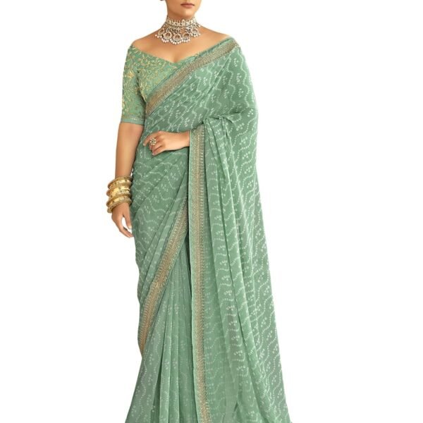 SIRIL Women's Bandhani Printed Embroidery Georgette Saree with Unstitched Blouse Piece