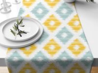 STITCHNEST Ikat Yellow Teal Printed Poly Cotton Table Runner and Bed Runner (13 x 60 Inches )