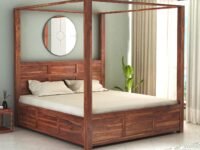 STRATA FURNITURE Solid Sheesham Wood King Size Poster Bed with Storage Wooden Double Bed for Bedroom Living Room Home (Natural Finish)