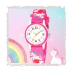 SWADESI STUFF Kids Unicorn Watch, Colourful Numbers Dial, Black Silicone Band with Rainbow Design for Girls