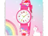 SWADESI STUFF Kids Unicorn Watch, Colourful Numbers Dial, Black Silicone Band with Rainbow Design for Girls