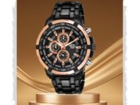 SWADESI STUFF Men's Chronograph Watch, 50mm Black Stainless Steel Band, Rose Gold Accents, Quartz Movement
