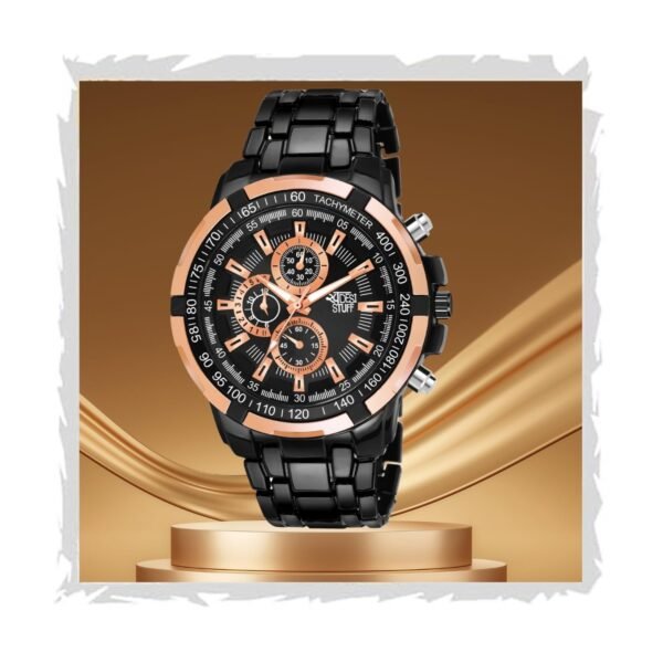 SWADESI STUFF Men's Chronograph Watch, 50mm Black Stainless Steel Band, Rose Gold Accents, Quartz Movement