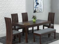 Solid Sheesham Wood Dining Table Set 6 Seater | Six Seater Dining Table 6 Seater with 4 Cushion High Chairs & 1 Bench for Living Room, 6 Seater Dining Set for Hotel Restaurant,Walnut