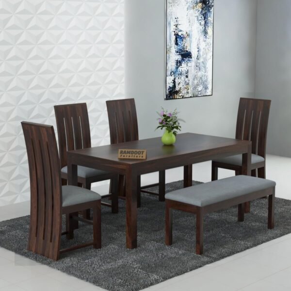 Solid Sheesham Wood Dining Table Set 6 Seater | Six Seater Dining Table 6 Seater with 4 Cushion High Chairs & 1 Bench for Living Room, 6 Seater Dining Set for Hotel Restaurant,Walnut