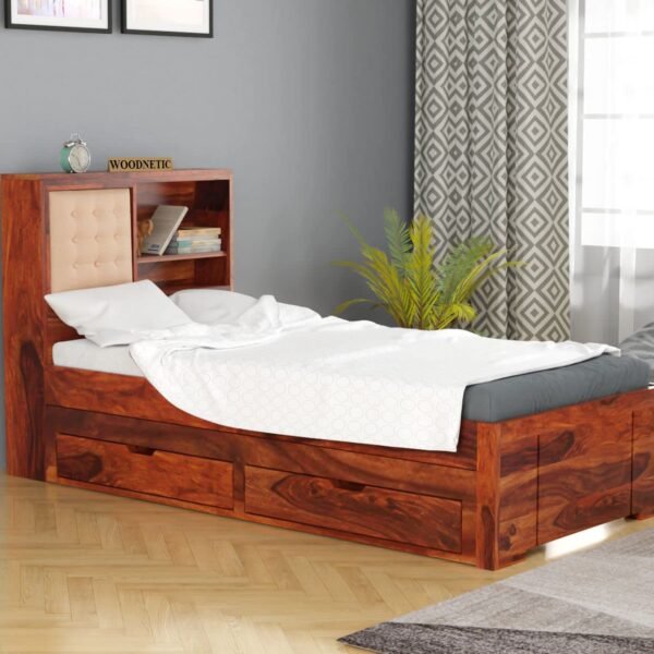 Solid Sheesham Wood Trundle Bed with Storage 2 Drawer for Bedroom - Honey Finish