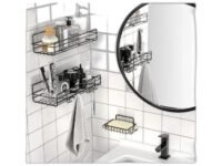 Steel Self-Adhesive Multipurpose Bathroom Shelf with Hooks/Towel Holder/Rack/Bathroom Accessories - Wall Mount|Type -278 for Home and Kitchen